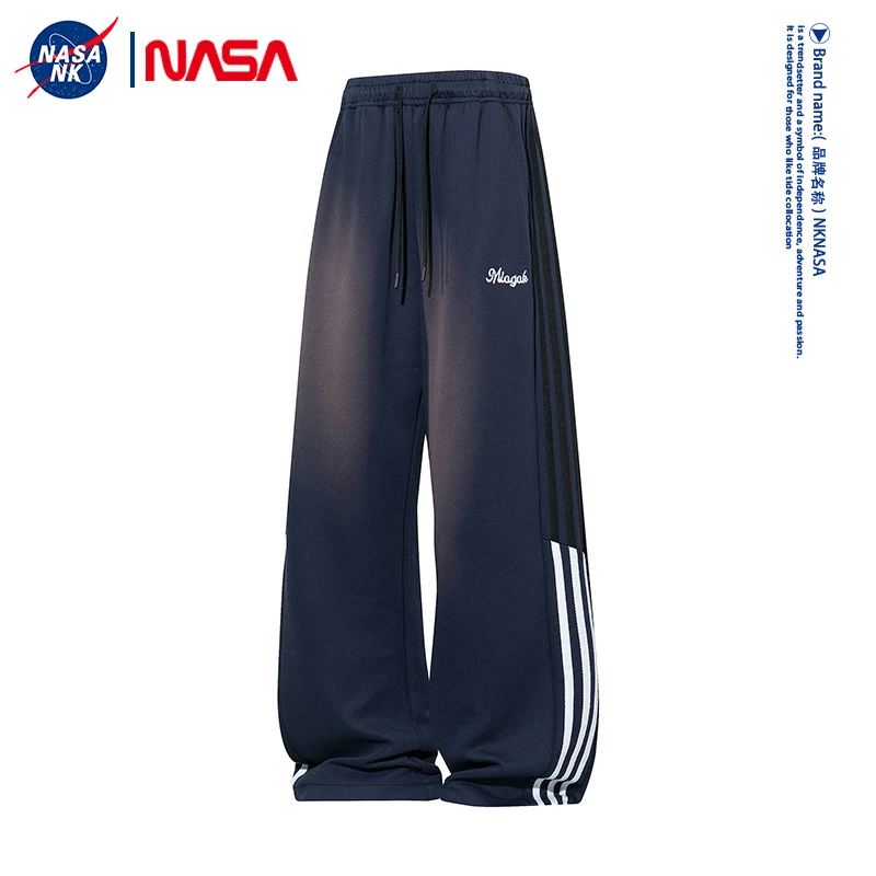 NASA联名美式三条杠藏青色休闲裤男秋冬季青少年运动休闲直筒卫裤