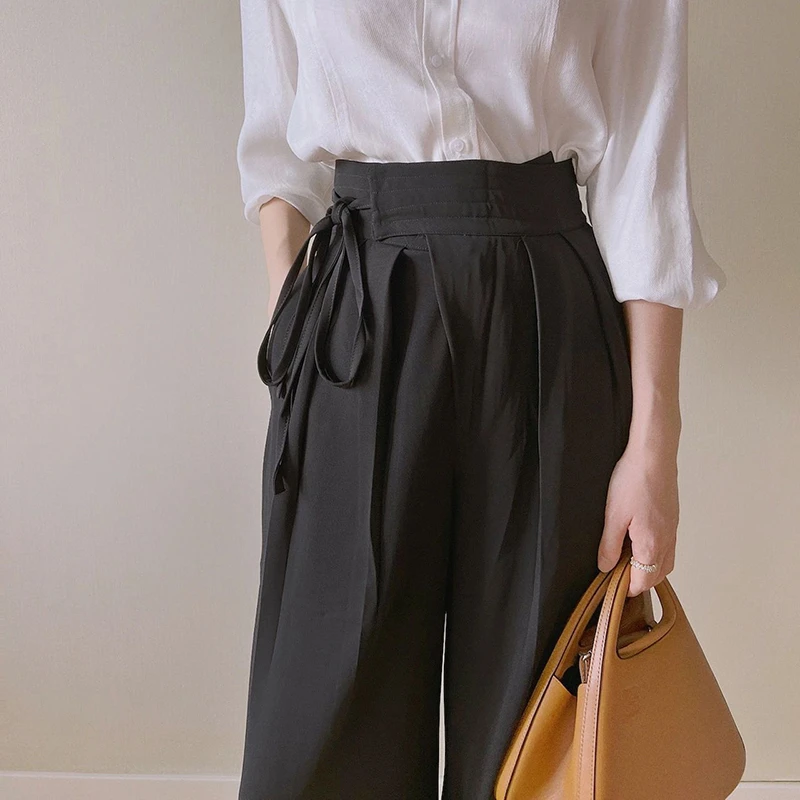 夏季侧绑带西装阔腿裤女韩版百搭垂坠感宽松显瘦拖地黑色休闲裤子