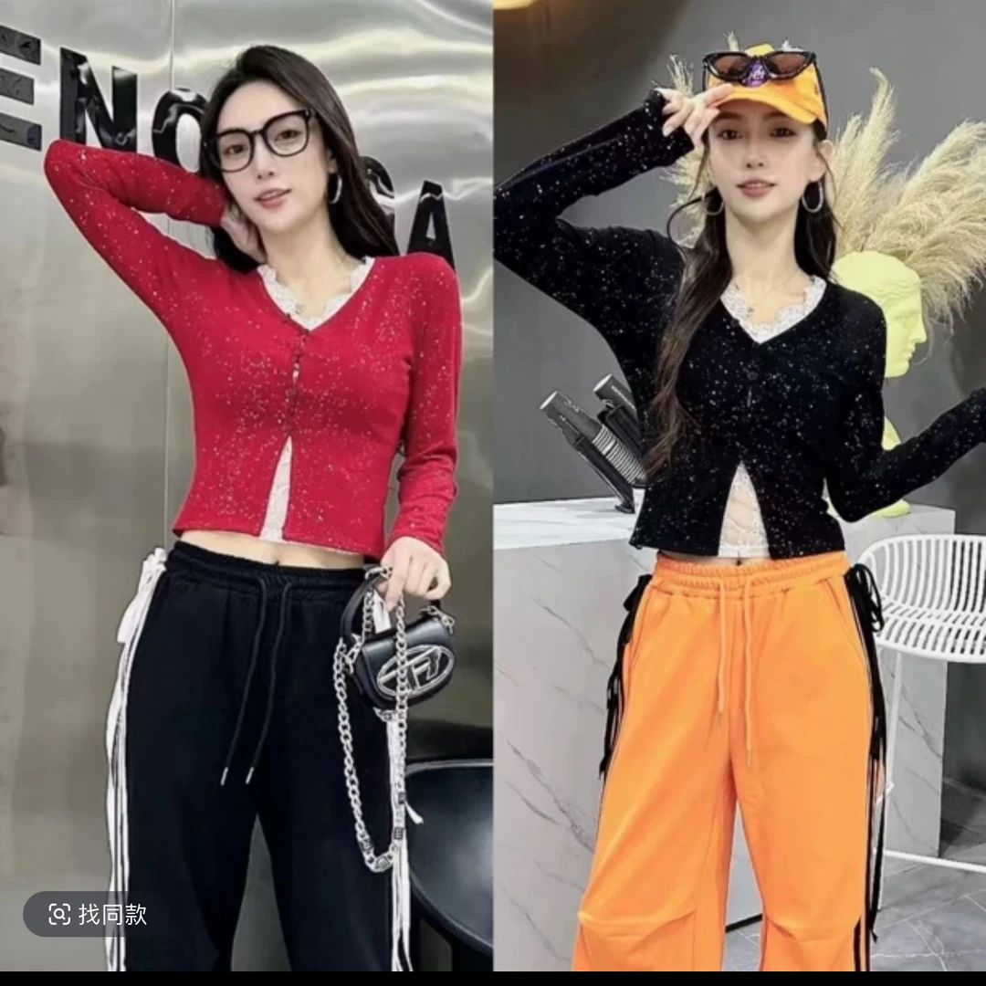 街头风蕾丝V领常规拼接新潮风T恤夏季修身洋气休闲ins长袖3842