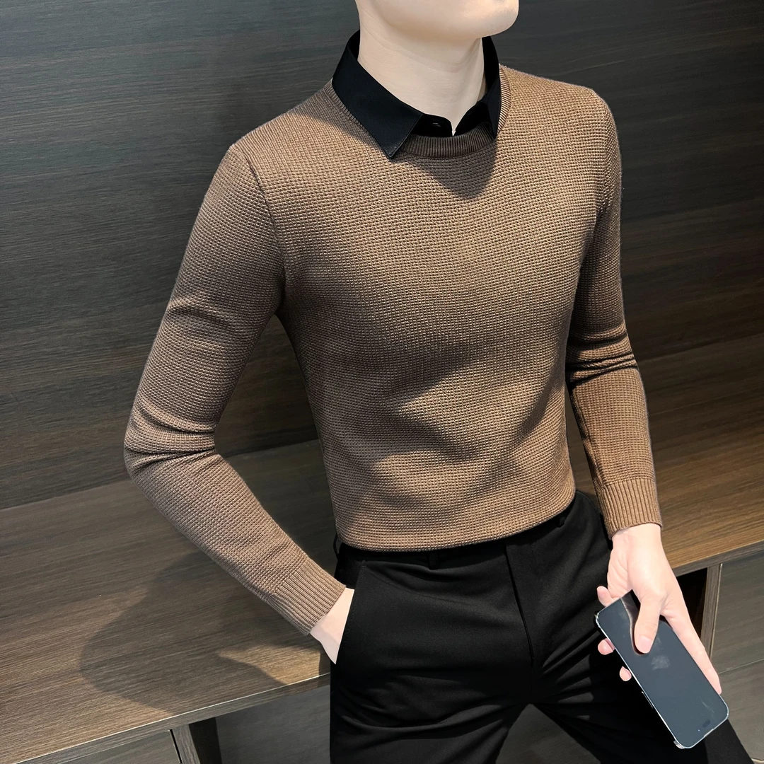 假两件毛衣男款2025秋冬痞帅男装商务休闲韩版修身男士针织打底衫