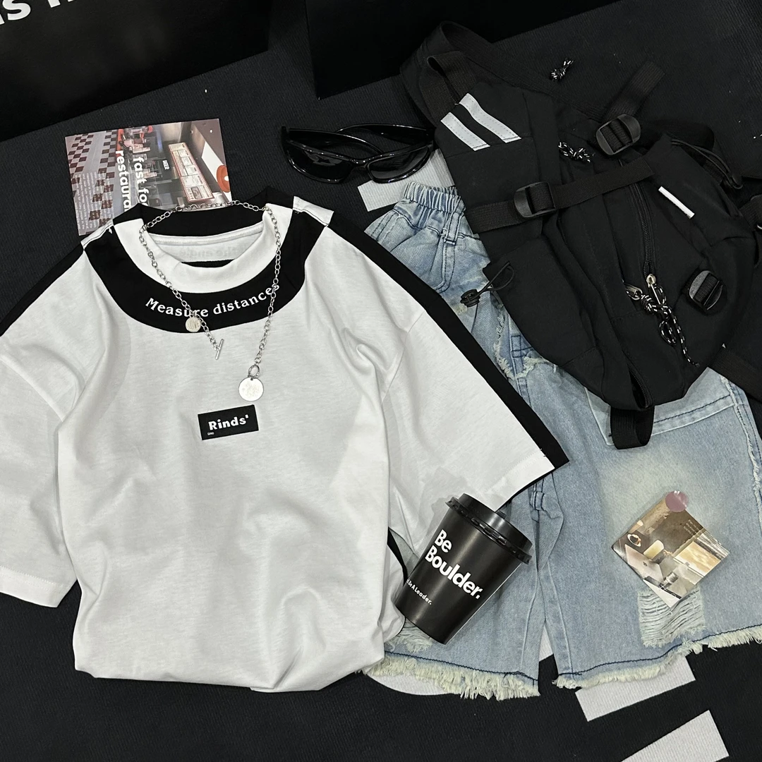 iu studio-【130cm-175cm】前白后黑双拼潮牌重工短袖98017