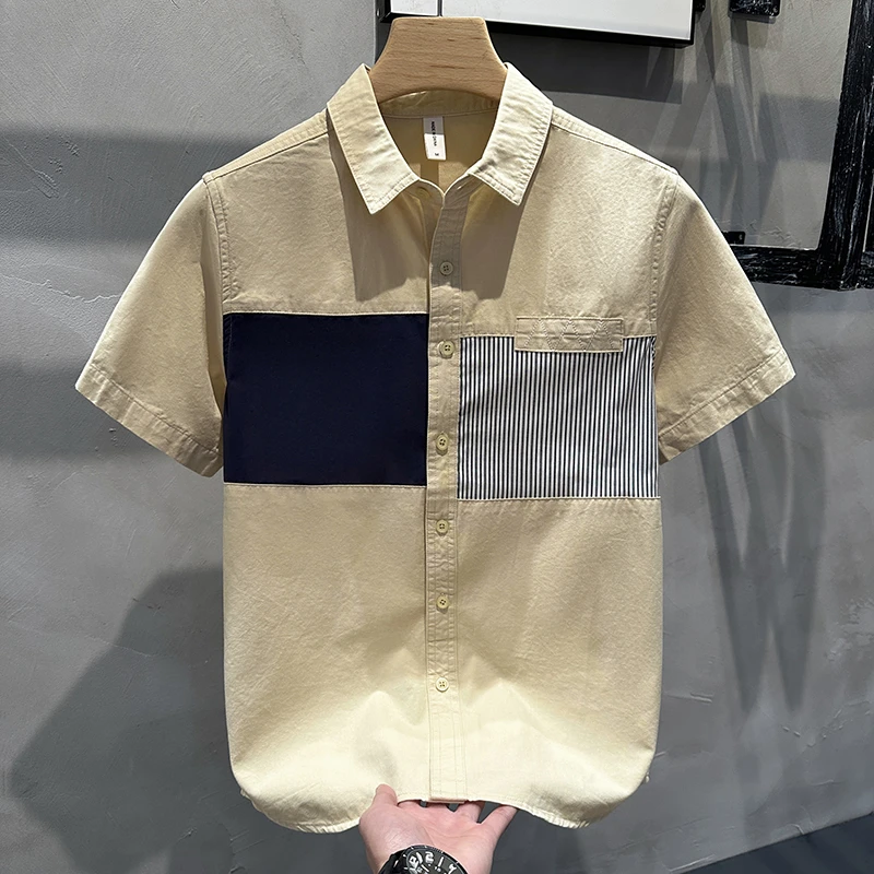 夏季短袖衬衫男新款潮流休闲半袖工装衬衣复古拼接纯棉外套设计感