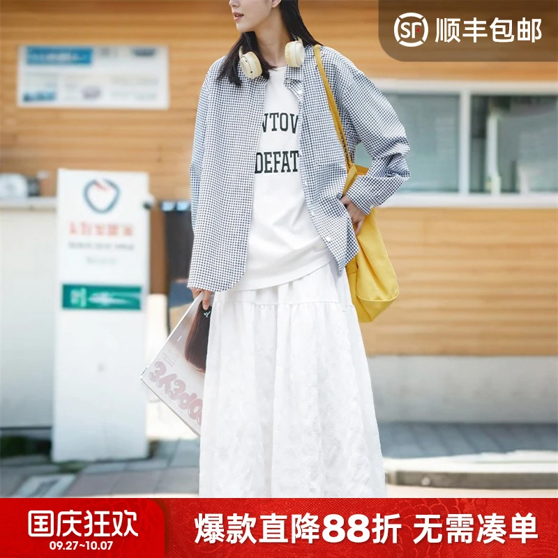马登法式休闲半身裙小个子高腰a字过膝白色中长裙设计感裙秋季女