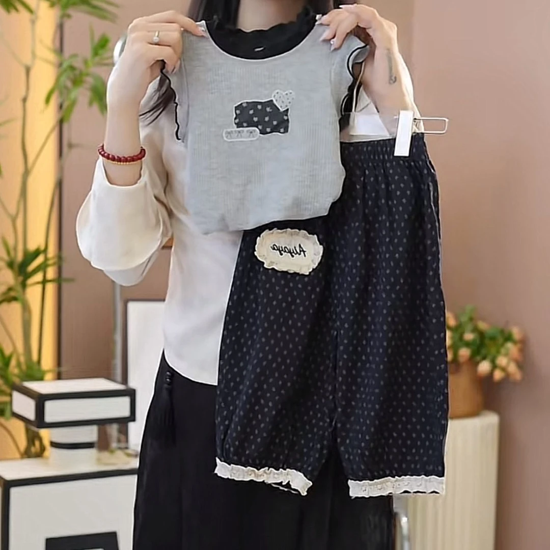 女童韩版2025新款夏季花边童装碎花九分裤时尚新款洋气潮流套装