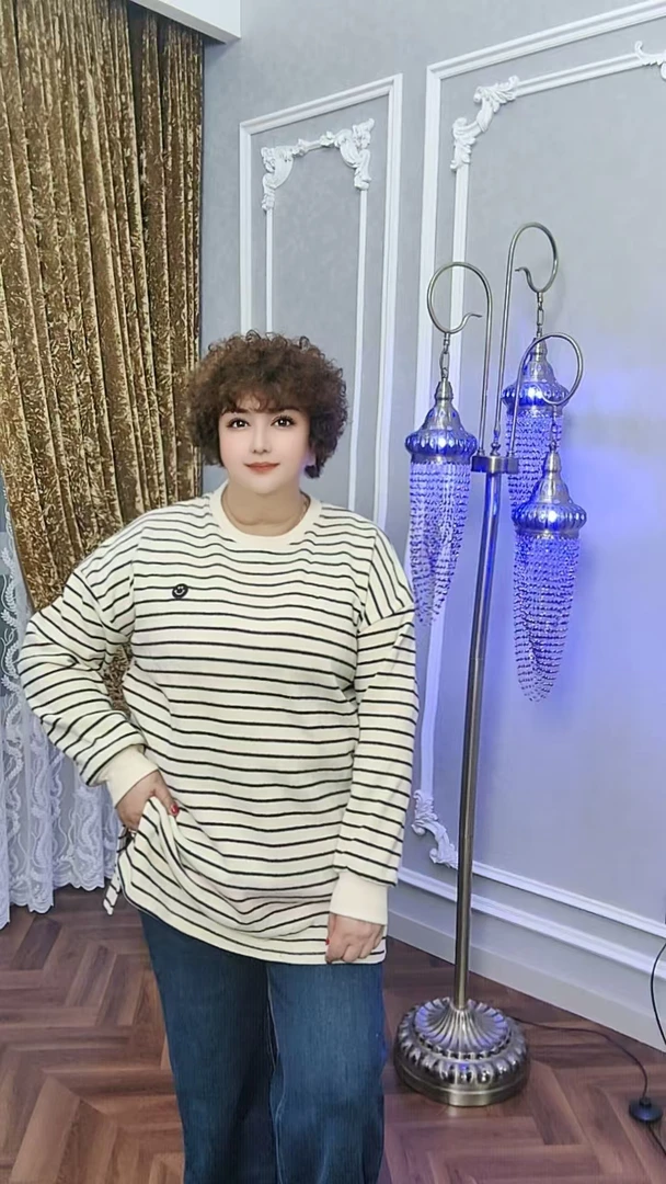 T恤女士长袖通勤女T恤撞色条纹条纹休闲圆领