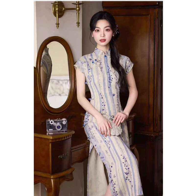 春夏新款国风素雅新中式改良旗袍短袖复古修身日常长款旗袍裙女装