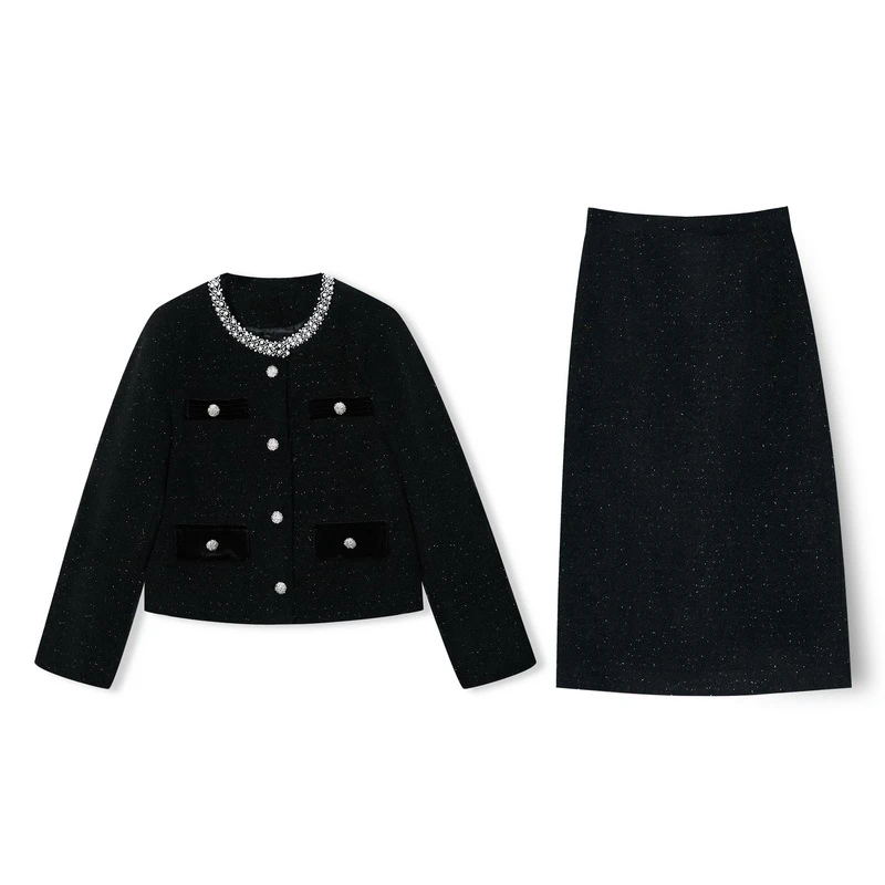 加绒加厚款上衣填充白鸭绒重工钉珠法式轻奢小香风套装