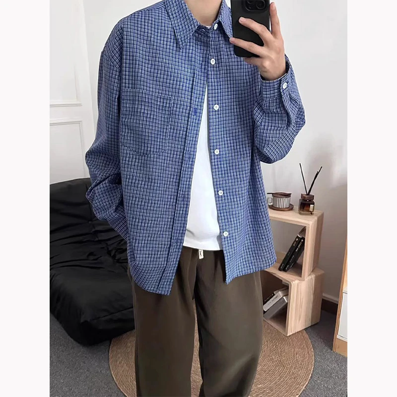 美式蓝色格子衬衫男女春秋季cleanfit格纹衬衣小众设计感正肩寸衫