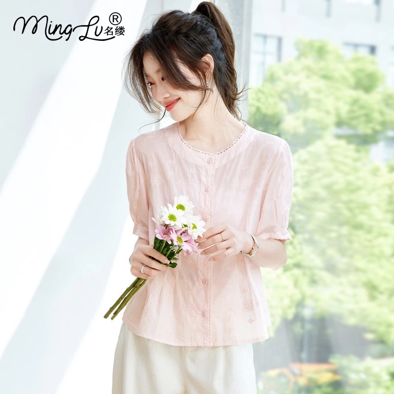 2025夏季新款法式刺绣复古百搭圆领超好看时尚短袖收腰衬衫女上衣