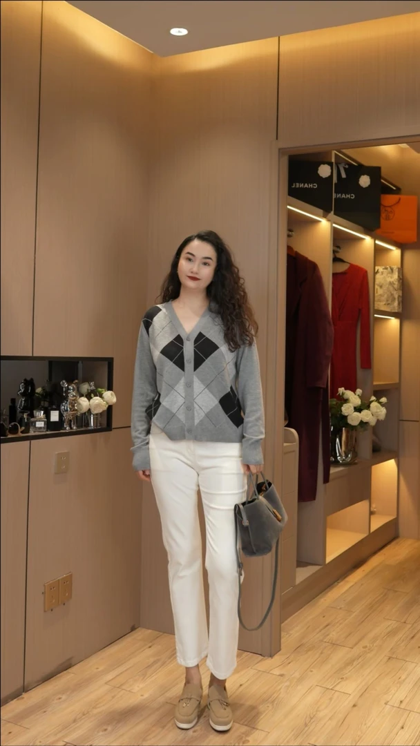 （清货）韩版洋气V领2025秋冬撞色格子针织开衫显瘦上衣修身学院风