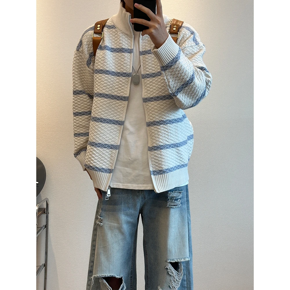 立领开衫条纹毛衣男款秋冬季情侣装针织衫高级感cleanfit美式外套