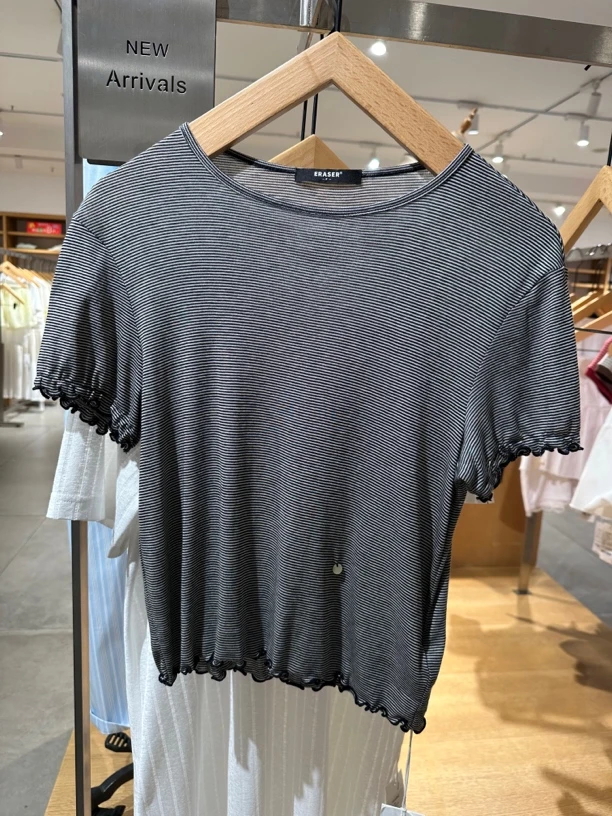 ERASER橡皮木耳边细条纹窄领口弹力韩风T恤1252101018