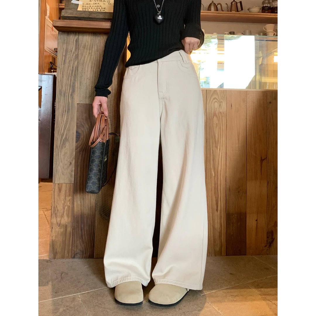 YO定制秋季百搭显瘦无弹杏色牛仔裤小个子韩系慵懒宽松遮肉阔腿裤