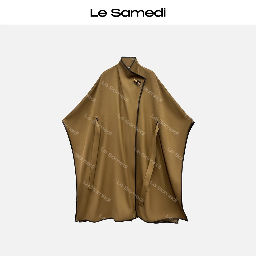Le Samedi马油叶儿【雾都斗篷】斜纹肌理皮革镶边立领可穿大衣
