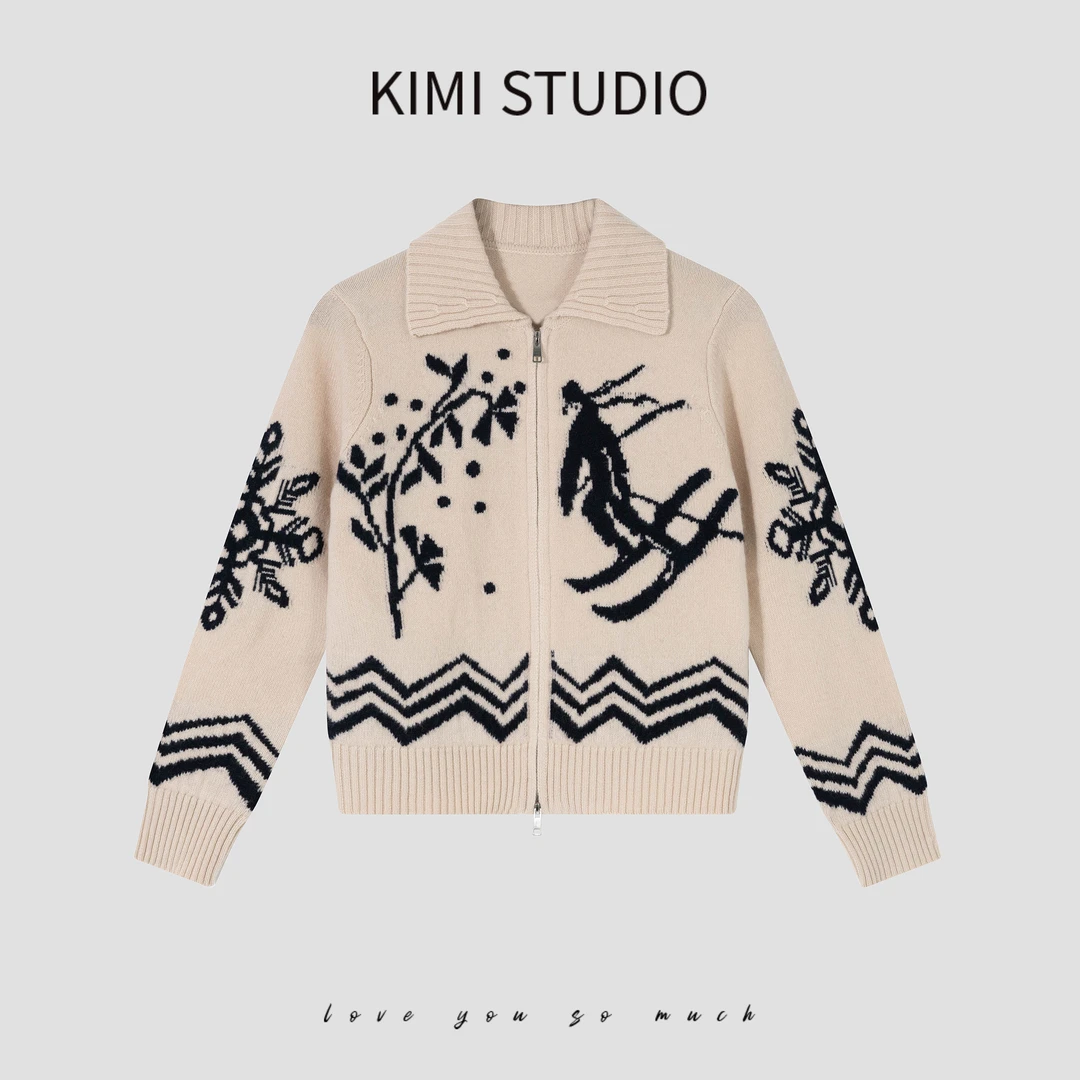 AW241484  100羊毛翻领滑雪提花刺绣双拉链针织开衫外套