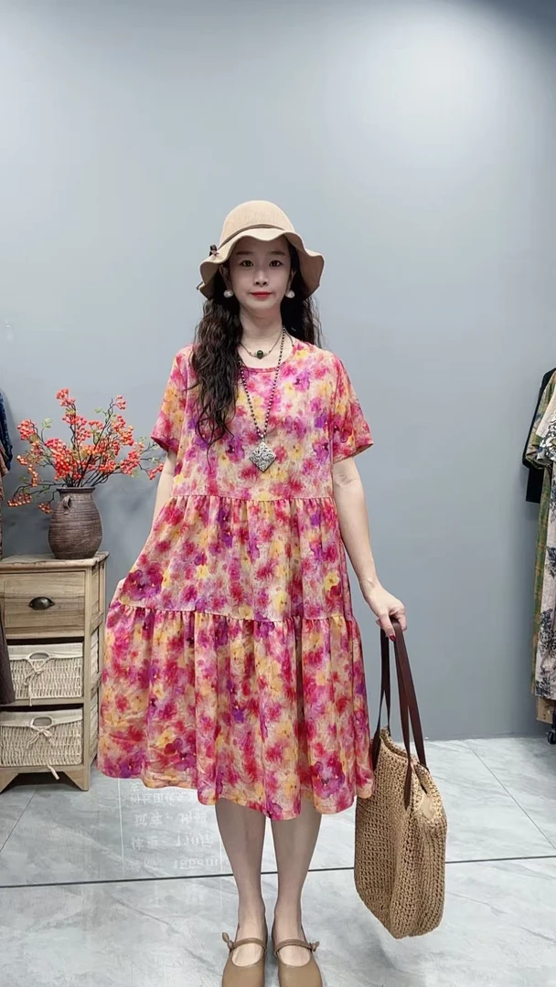 5395新款夏季韩版显瘦气质时尚印花洋气复古收腰碎花连衣裙妈妈装