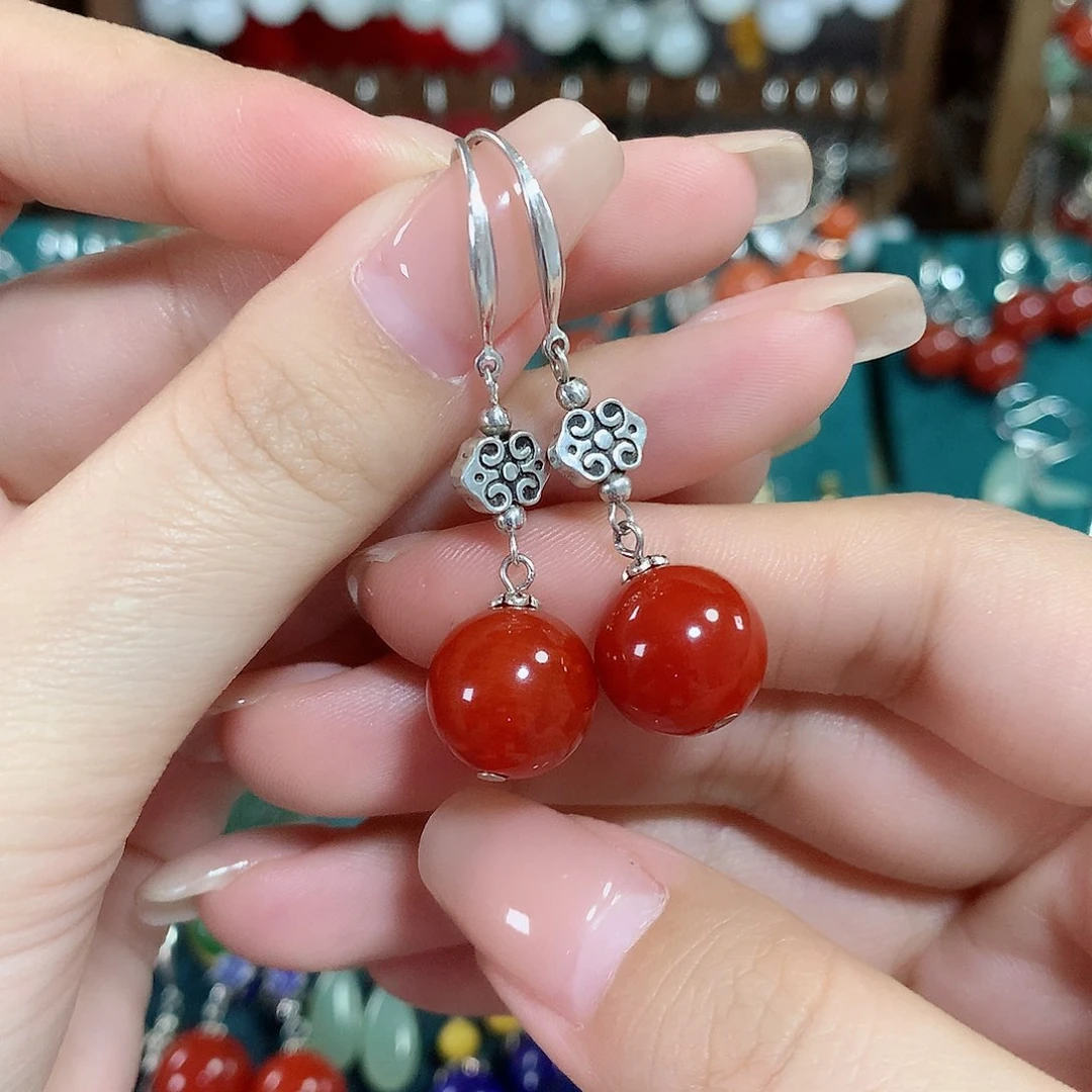 玛瑙/玉髓耳饰银S925镶嵌天然红玛瑙12mm左右（锦红）