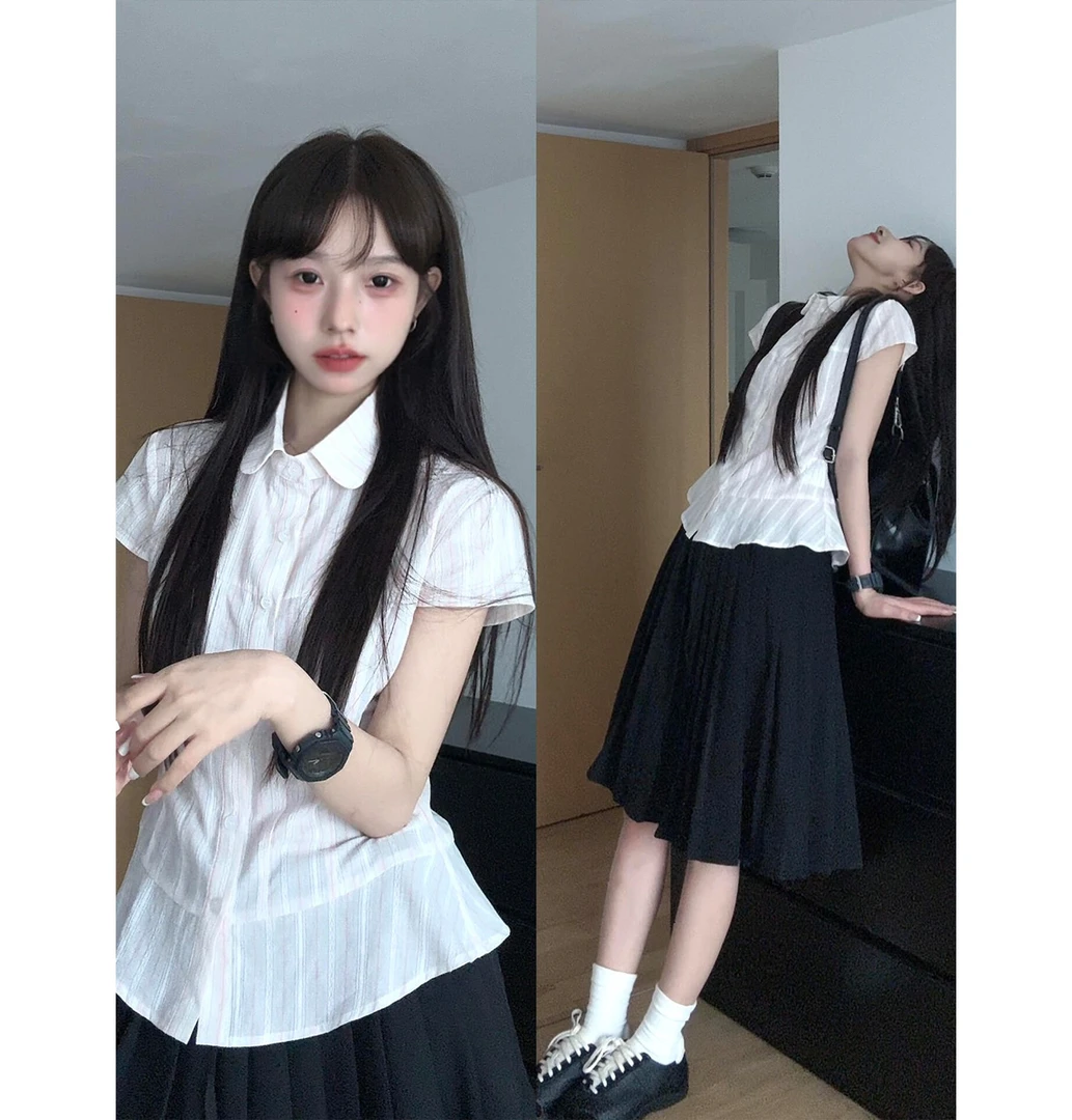 学院风条纹百搭polo领短袖衬衫女夏季收腰显瘦减龄百褶半身裙套装