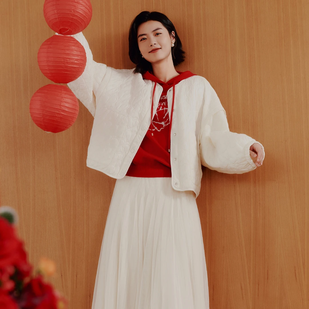 歌蒂诗2025冬季专柜新款时尚百搭纯白小个子短款棉衣女1F10M1514