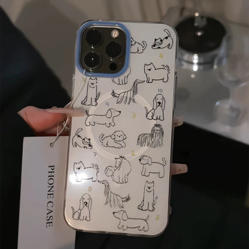 适用苹果16pro双层IMD磁吸手机壳iPhone15数字线条狗狗猫咪华为60