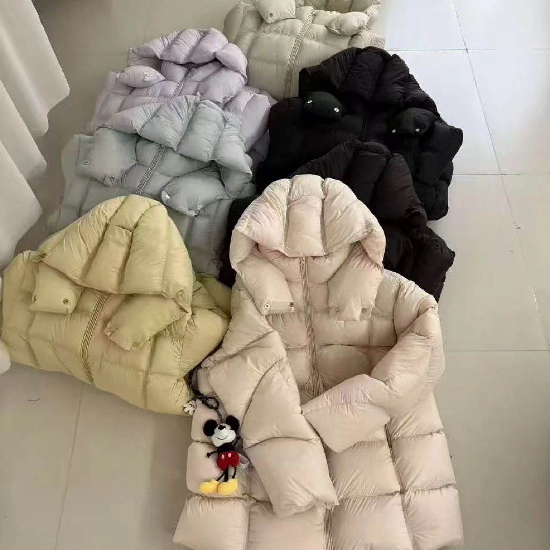 月月【达标90绒】白鸭绒泡芙女中长款冬季新款宽松连帽加厚保暖外套