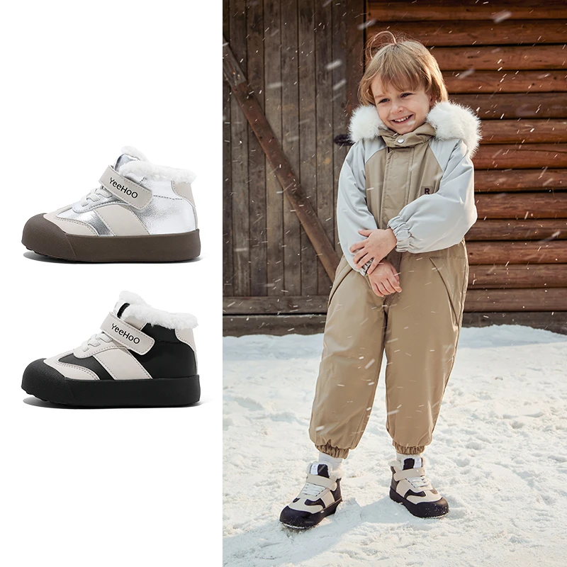 英氏童鞋男童防滑雪地靴冬季加绒加厚保暖运动鞋3-6岁女童短靴