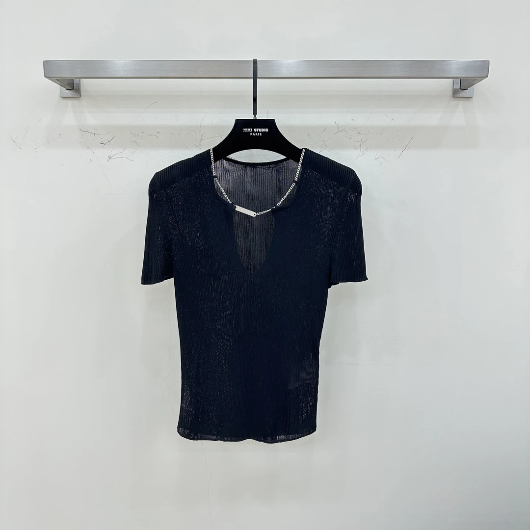 JIAYE CHAN夏季新款V领金属链条修身短袖T恤