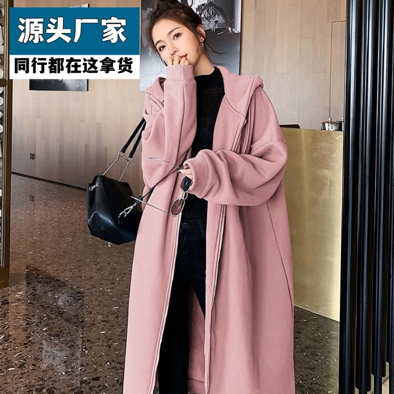 梵乐芬秋冬女胖mm2-300斤宽松大码卫衣连帽加绒加厚长款拉链港风