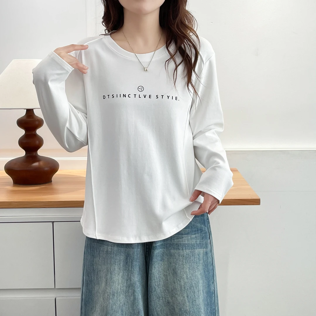 2025新款正肩字母印花圆领长袖t恤女百搭减龄显瘦白色上衣春秋季