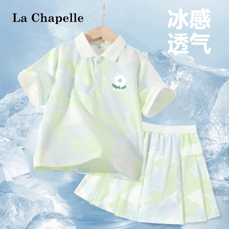 拉夏贝尔女童夏季套装儿童森系时髦polo短袖女大童凉感速干运动服