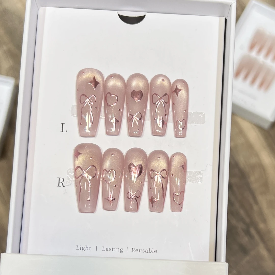 甜酷辣妹穿戴甲手工猫眼紫韵魔镜爱心结可拆卸美甲片