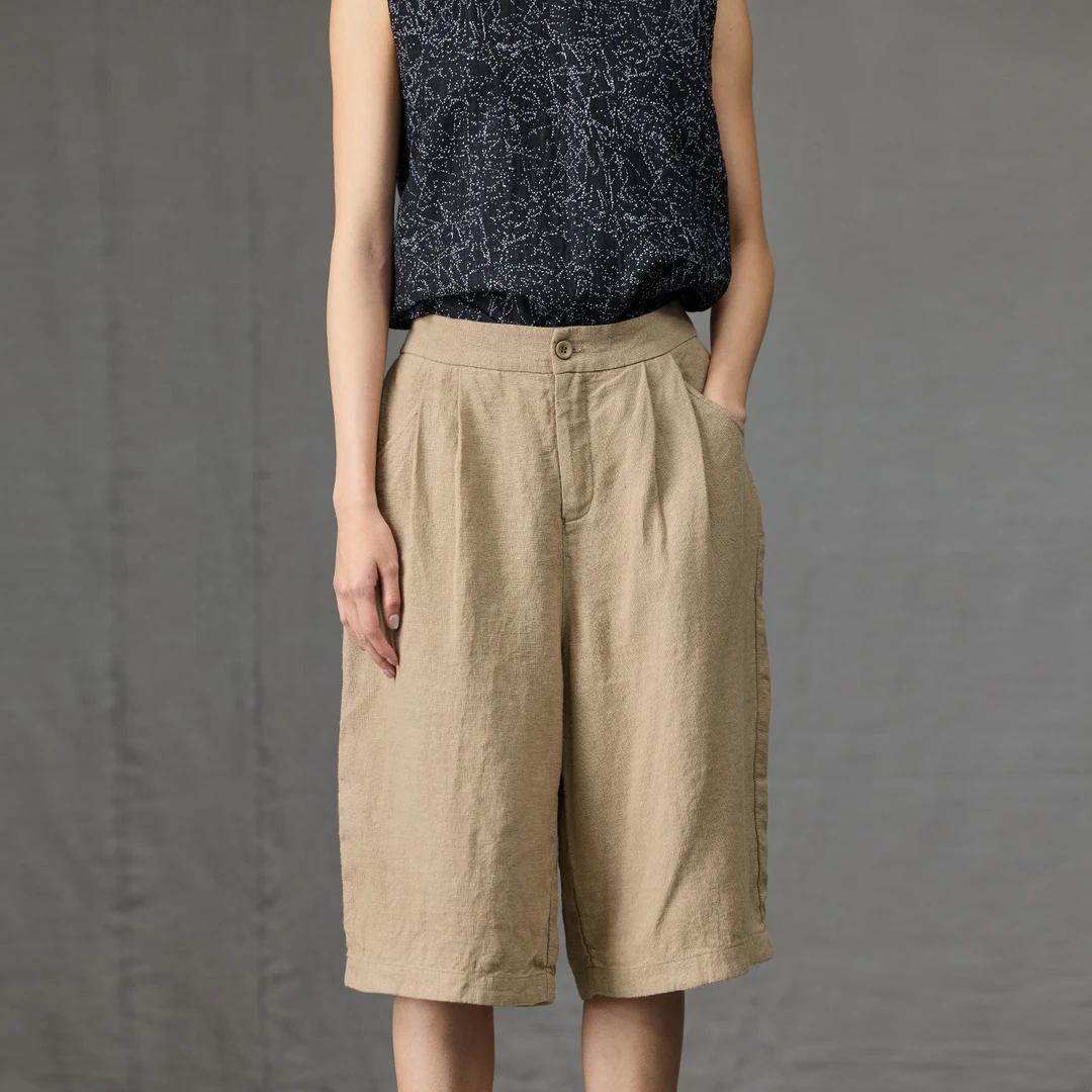 Q.TU法国进口27英支色织条纹亚麻五分直筒裤4560后松紧腰夏季裤子