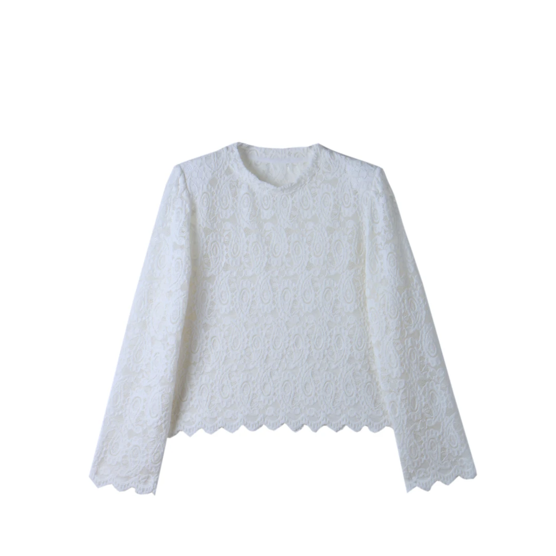 气质圆领蕾丝钩花长袖小山女新春百搭时尚打底衫上衣SY215