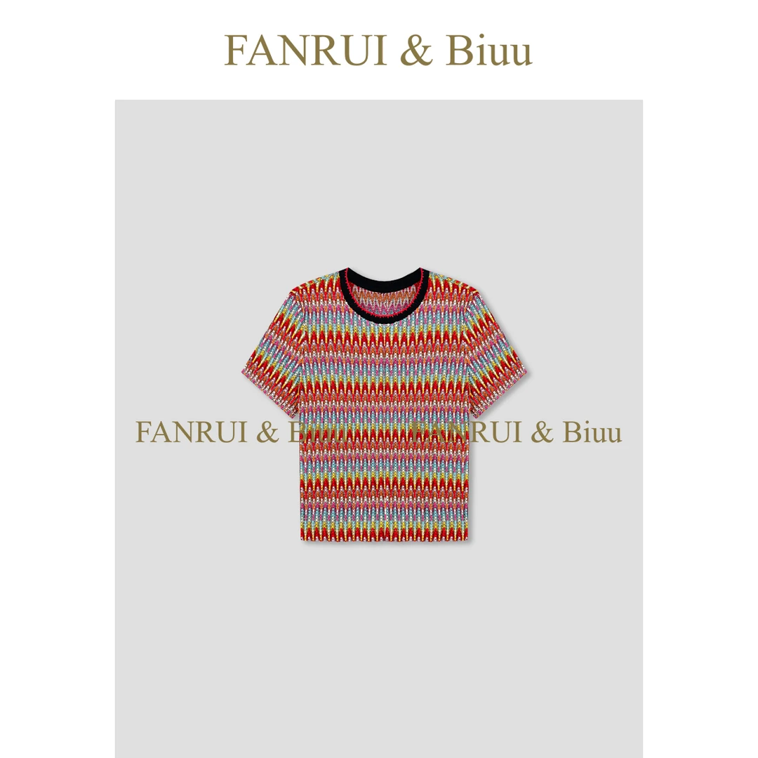 泛芮双11「贝贝biuu」彩色花纹时髦小众百搭圆领短袖针织B17864
