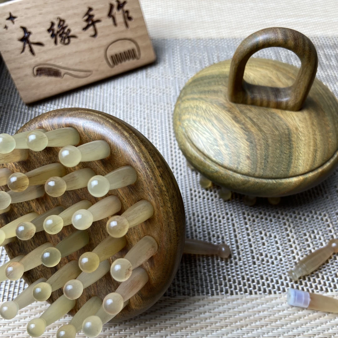 加厚50%|绿檀羊角按摩梳头部经络梳28齿第四代梳齿可拆卸全身疏通