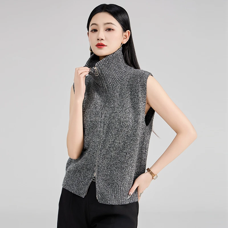 女士背心马甲拉链纯羊毛百搭时尚针织气质纯色春秋款