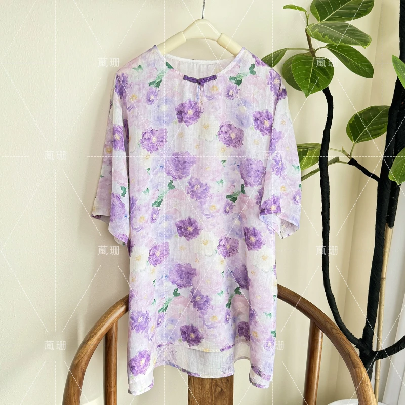 【飞花令】夏季苎麻印花复古盘扣中长款上衣宽松袍子 52366