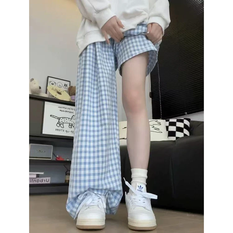 【立体腰头】蓝色格子裤女2025春夏新款高腰显瘦垂感慵懒直筒阔腿裤