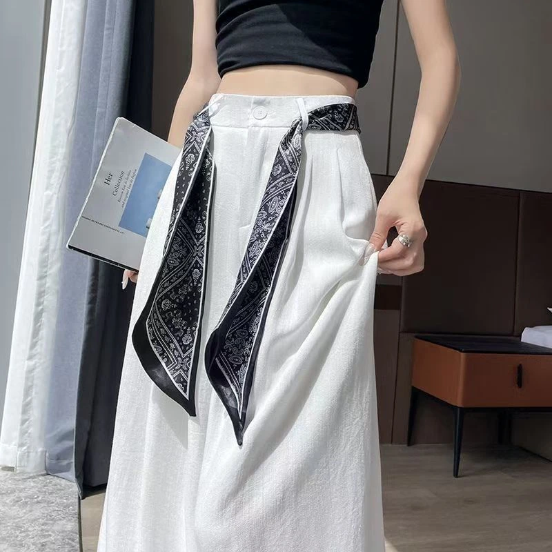 黑色丝巾腰带阔腿裤女式夏季新奥棉垂感高级感民族休闲裤子004