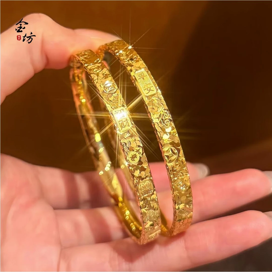 铜合金手镯 高保色招财吉言三面碎冰冰爆闪手镯时尚轻奢高