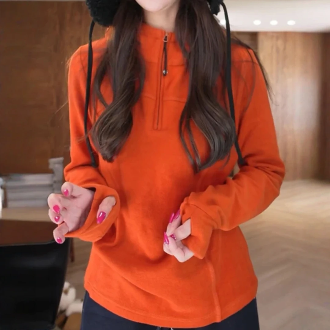 时尚韩版百搭双面绒连帽卫衣2025秋冬新款洋气休闲半拉链打底上衣