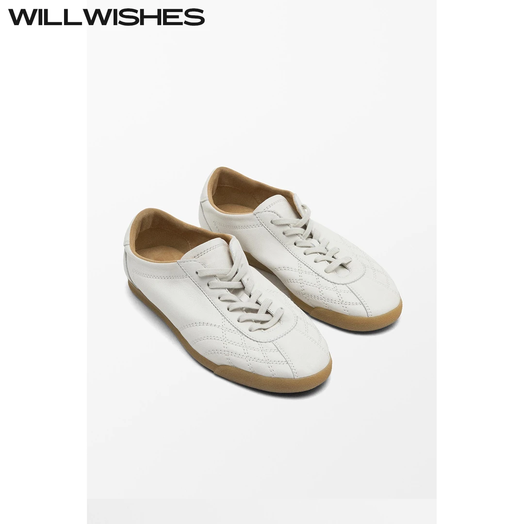 WILLWISHES/王玎设计女鞋2025春秋圆头平底鞋时尚德训鞋小白鞋女