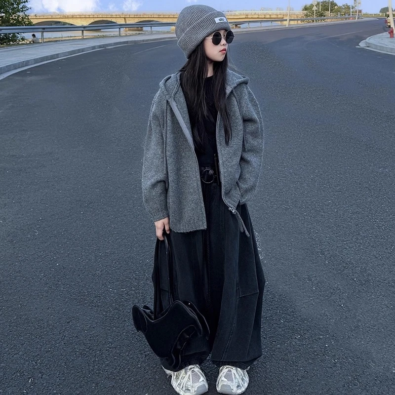 儿童秋季新款韩系连帽针织开衫灰色女童毛衣内搭慵懒风拉链外套潮