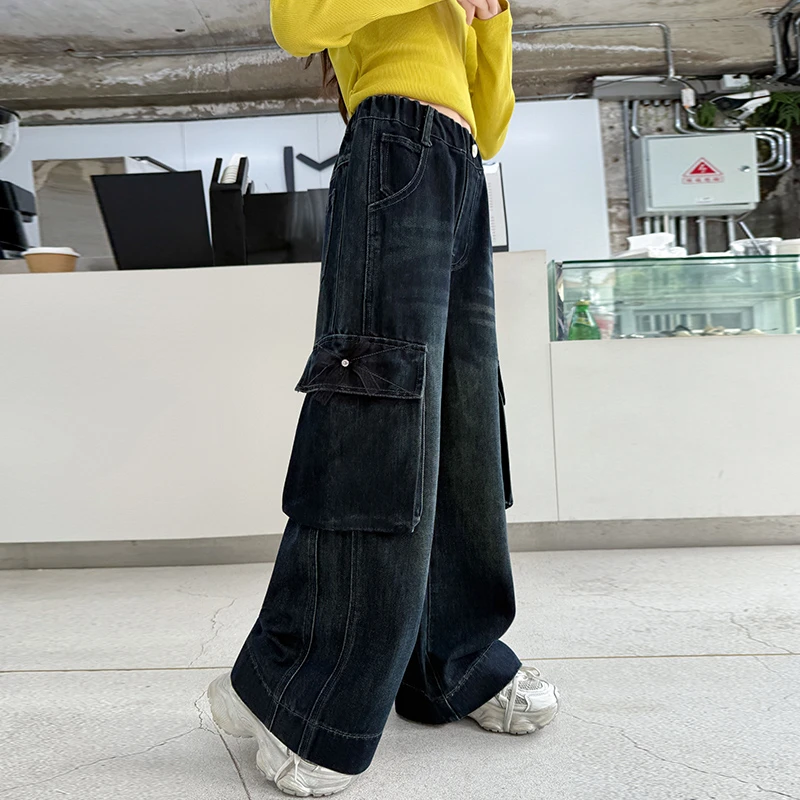 女童裤子秋季外穿2025新款春秋洋气直筒阔腿长裤中大童宽松牛仔裤