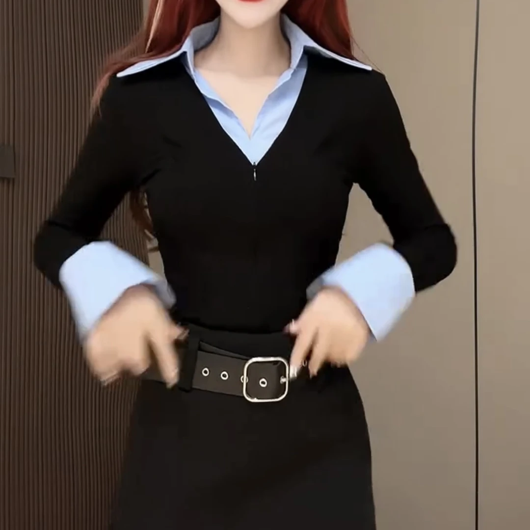 春季新款时尚拼接假两件衬衫穿搭