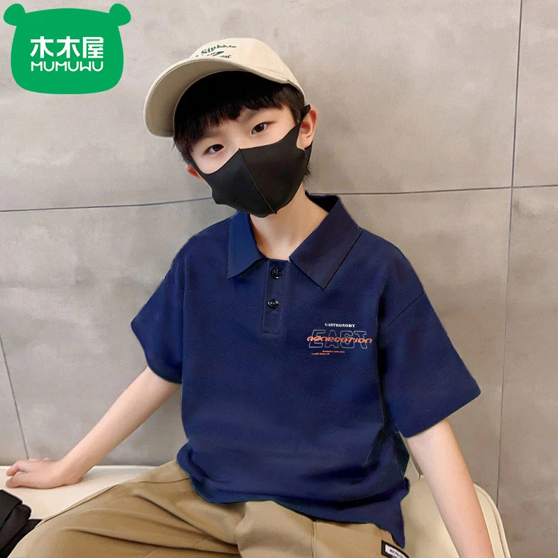 木木屋夏季新款男童polo衫港风字母纯棉短袖t恤中大童宽松上衣潮