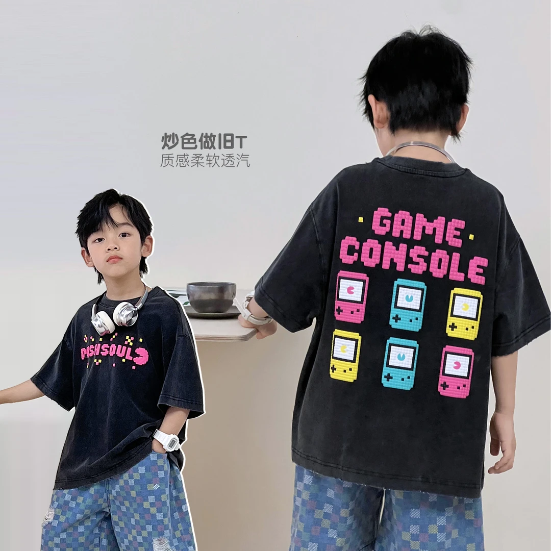 男童短袖t恤潮夏装帅气黑色宽松中大童男童休闲印花上衣5069750O8