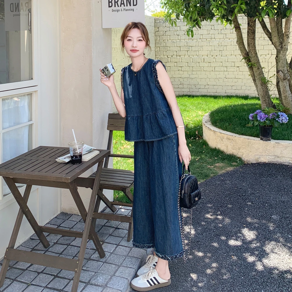 木耳边拼接牛仔马甲阔腿裤两件套女2025夏季新款时尚气质显高显瘦