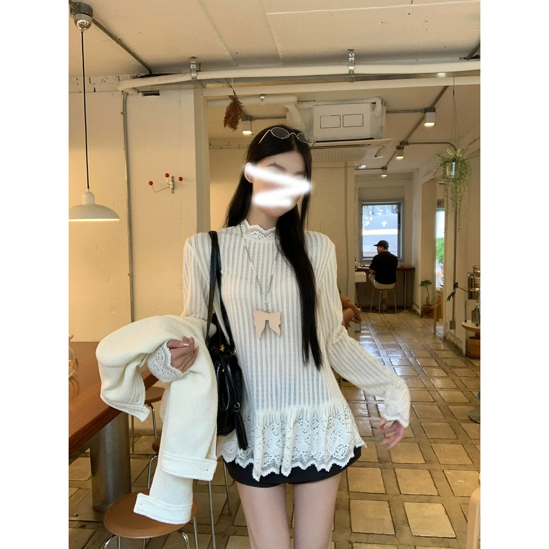 半高领内搭打底衫女2025新款春秋设计感蕾丝花边下摆长袖T恤上衣