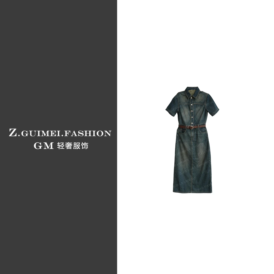 【肆姐高定】设计师款时尚POLO领短袖牛仔连衣裙X2626